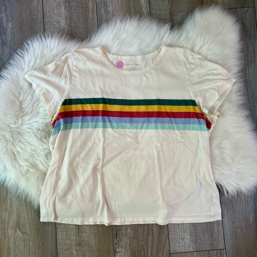 AMERICAN EAGLE | Retro Cream Rainbow Stripe Crop Top Tee (XXL)